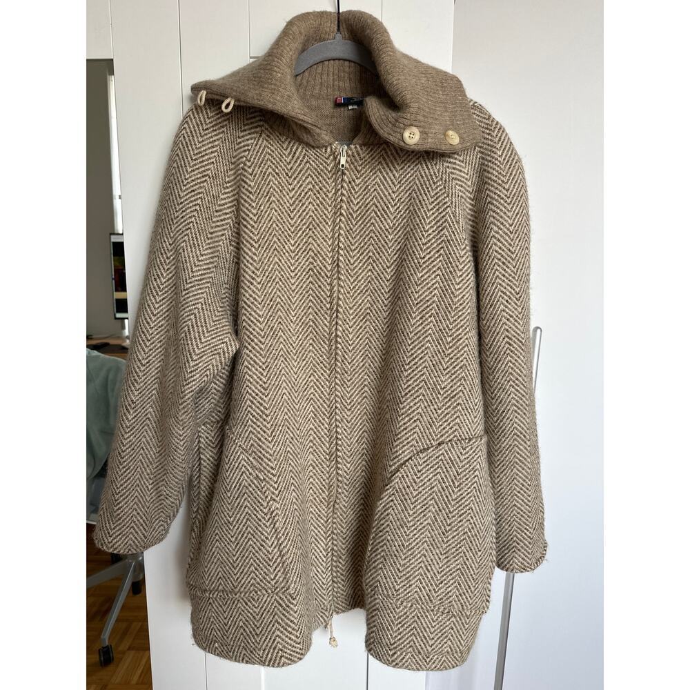 Landau Icelandic Wool Knit Sweater Tan/Beige Herringbone Print Coat, Size L, EUC